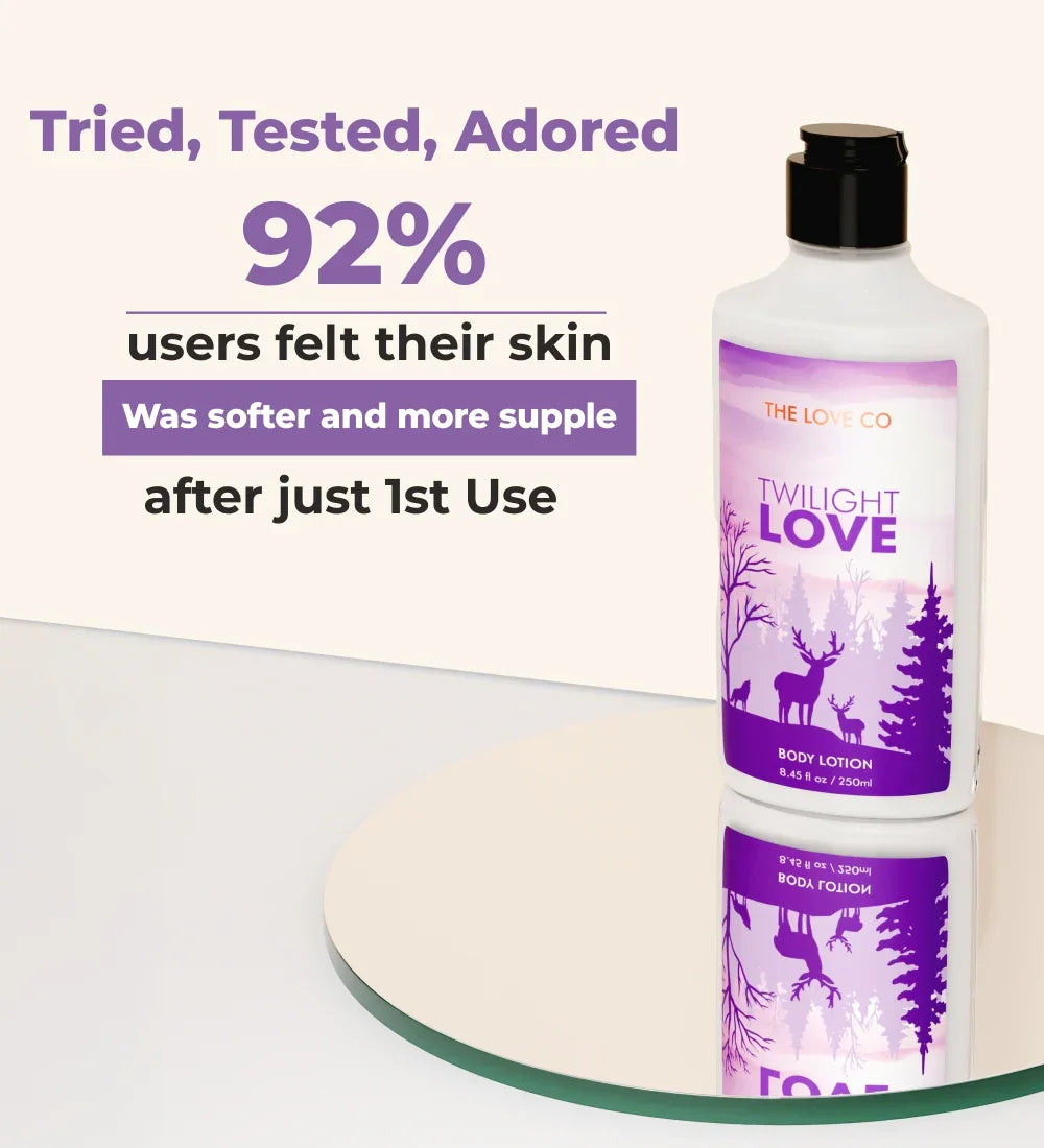 Twilight Love body lotion bottle on glass with user testimonial, purple woodland design
