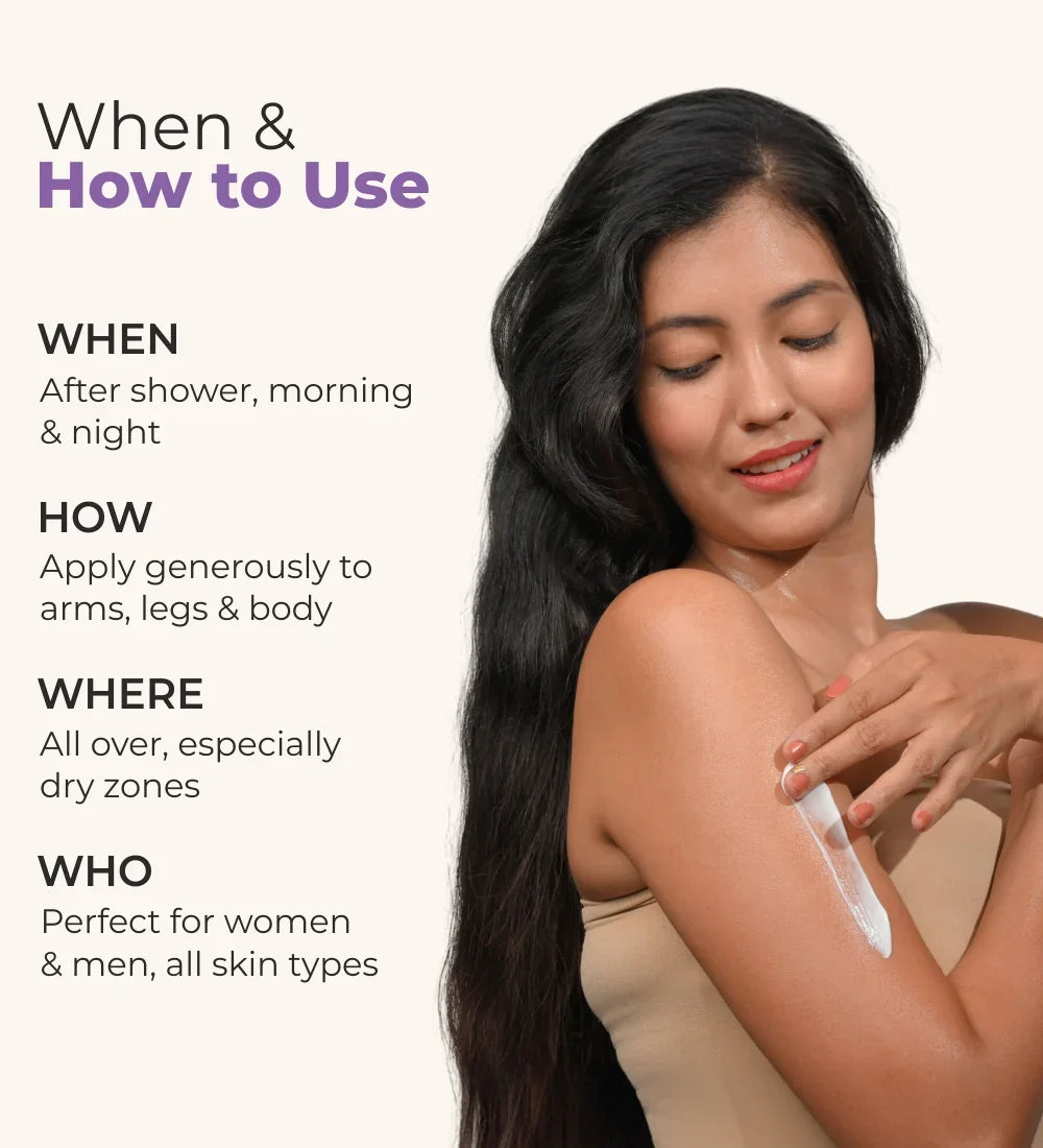 Woman applying body lotion to her arm with usage instructions for Twilight Love Body Lotion.