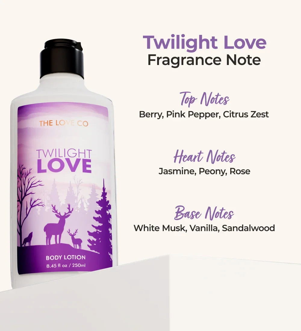 Twilight Love body lotion bottle with purple forest deer design, fragrance notes listed