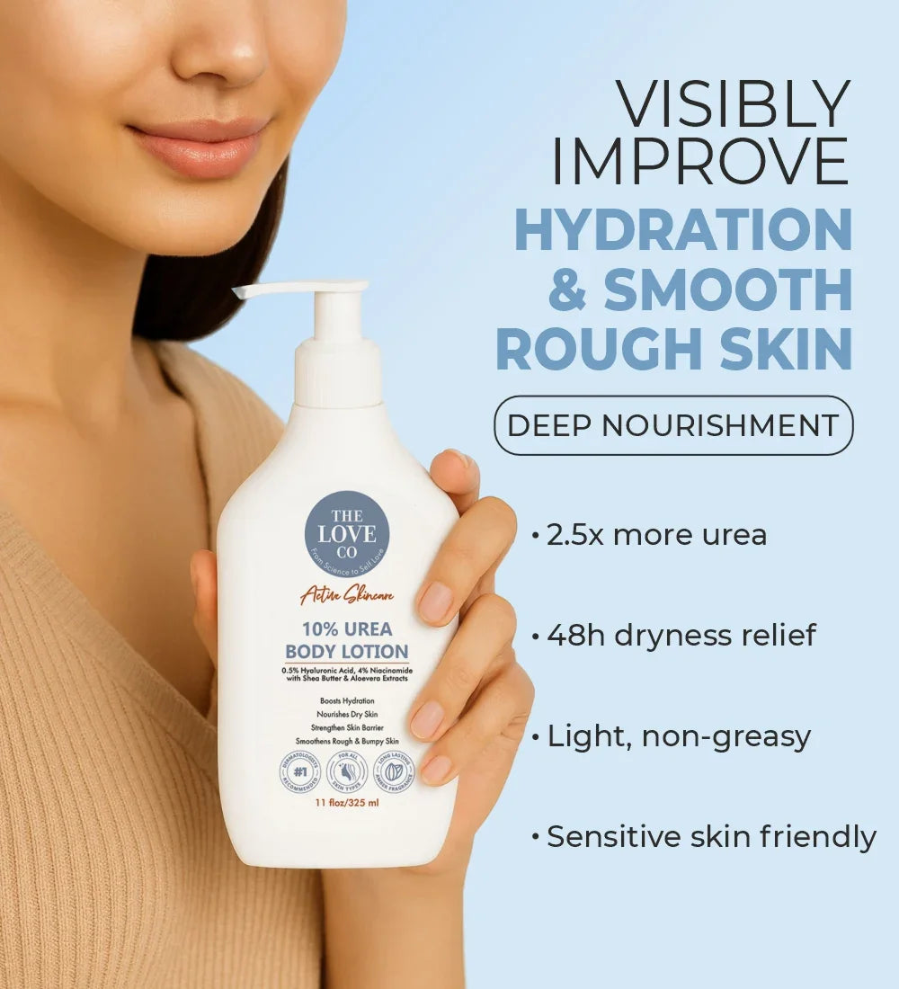 Woman holding The Love Co 10% urea body lotion for hydration and smooth skin benefits
