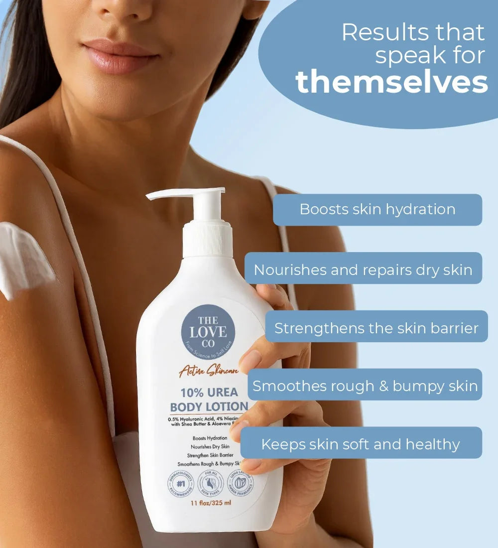Woman applying The Love Co 10% urea body lotion for hydrated, smooth, healthy skin
