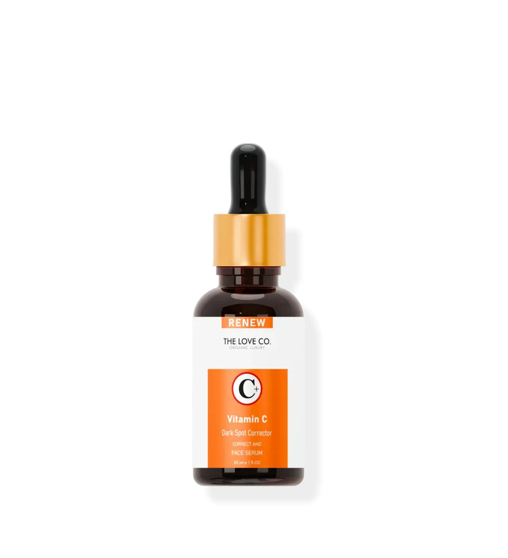 Vitamin C dark spot corrector serum bottle from The Love Co with dropper cap