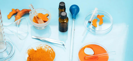 Turmeric root and powder with lab equipment, beakers, petri dishes, syringes, blue background