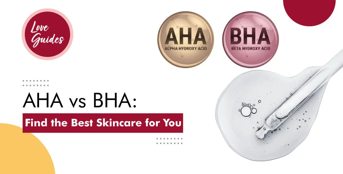 AHA vs BHA skincare guide with product dropper, Alpha Hydroxy Acid and Beta Hydroxy Acid icons.