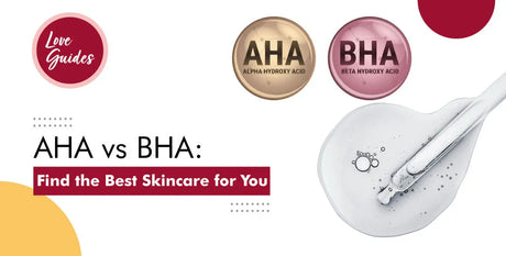 AHA vs BHA skincare guide with product dropper, Alpha Hydroxy Acid and Beta Hydroxy Acid icons.