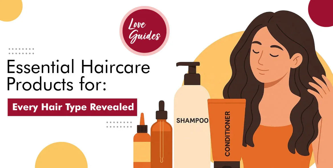 Illustration of woman with long hair, shampoo and conditioner bottles, essential haircare products