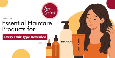 Illustration of woman with long hair, shampoo and conditioner bottles, essential haircare products
