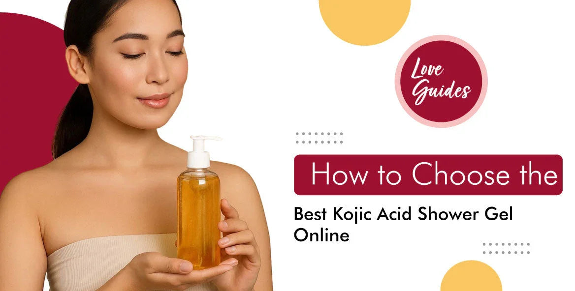 Woman holding bottle of kojic acid shower gel with guide text on choosing best product online