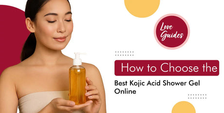 Woman holding bottle of kojic acid shower gel with guide text on choosing best product online