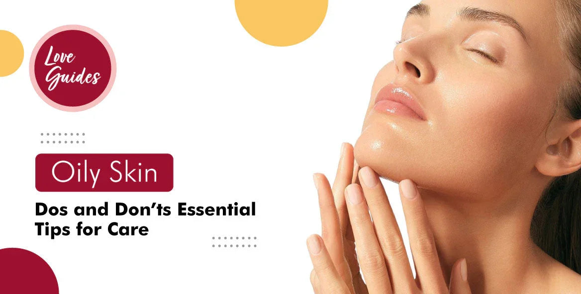 Woman with glowing oily skin touching face, skincare tips text, clean white background