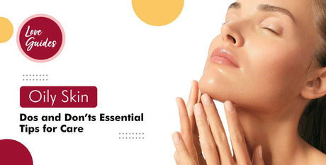 Woman with glowing oily skin touching face, skincare tips text, clean white background