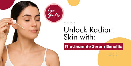 Woman applying niacinamide serum to face, text promotes radiant skin benefits.