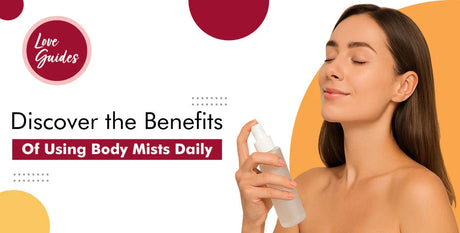 Woman spraying body mist on face with 'Discover the Benefits of Using Body Mists Daily' text.