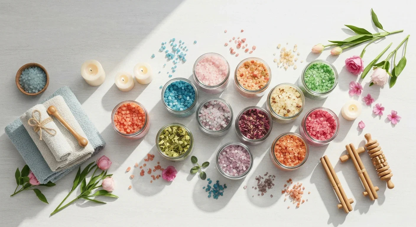 Assorted colorful bath salts in glass jars, candles, towels, flowers, and wooden massage rollers on a spa table