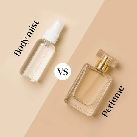 Body mist spray bottle vs perfume bottle comparison on beige background