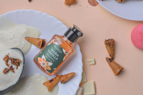 Warm vanilla bath shower gel on plate with ice cream, chocolate cones, and white chocolate