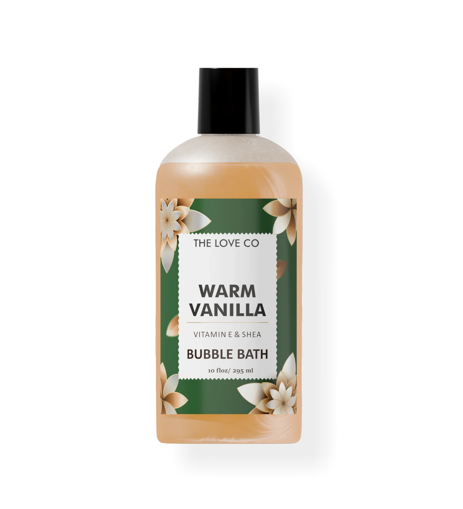 Warm vanilla bubble bath bottle by The Love Co with floral label and green accents