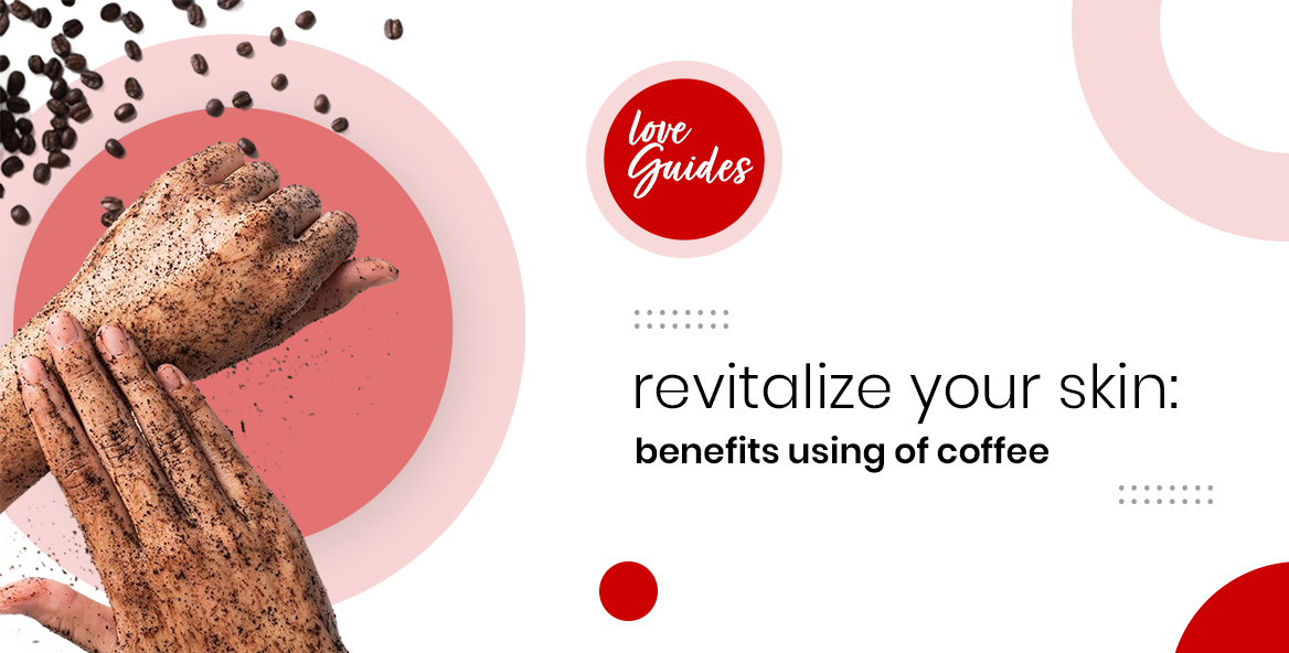 Hands exfoliating skin with coffee grounds, coffee beans scattered, skincare benefit text