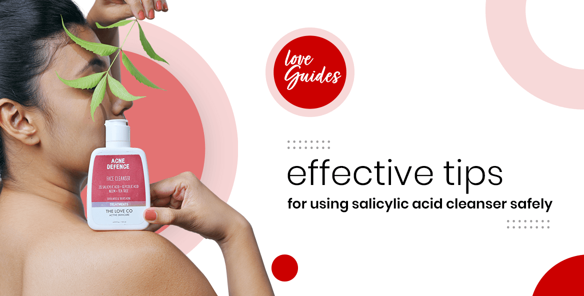 Woman holding Acne Defence salicylic acid face cleanser, effective tips guide background