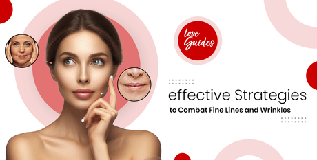 Woman touching face with fine lines, wrinkle close-ups, and anti-aging skincare tips text