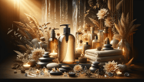 Luxurious body wash bottles, candles, and flowers in a spa-inspired, golden-lit setting.