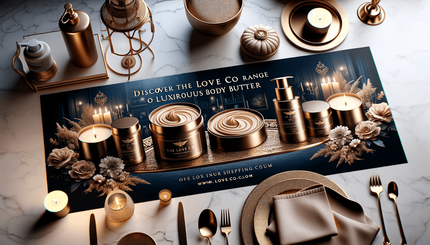 Luxurious The Love Co body butter jars and candles on a marble table with gold decor