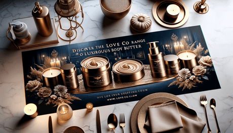 Luxurious The Love Co body butter jars and candles on a marble table with gold decor