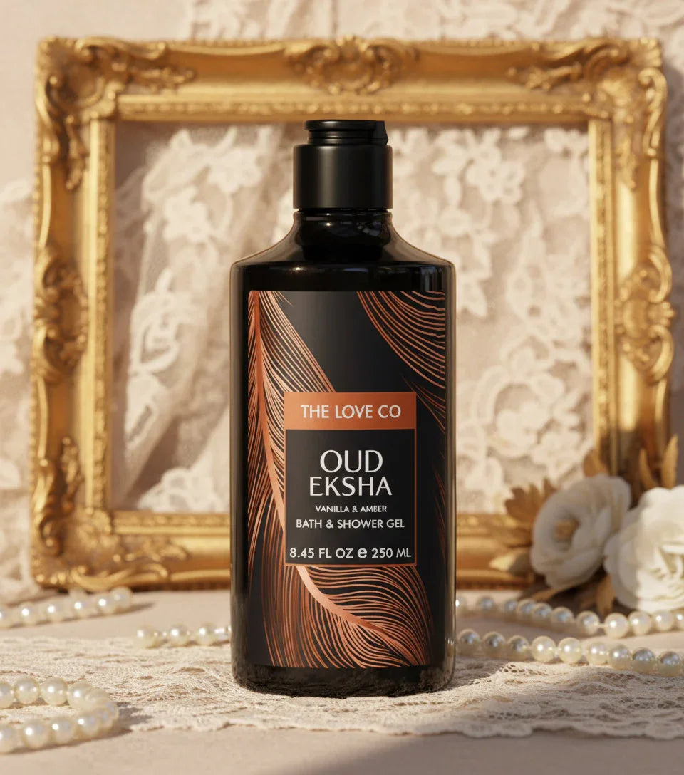 The Love Co Oud Eksha shower gel bottle with lace, pearls, flowers and gold frame