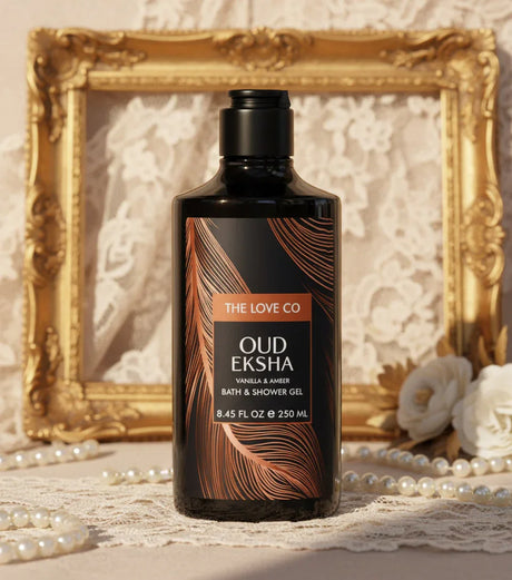 The Love Co Oud Eksha shower gel bottle with lace, pearls, flowers and gold frame