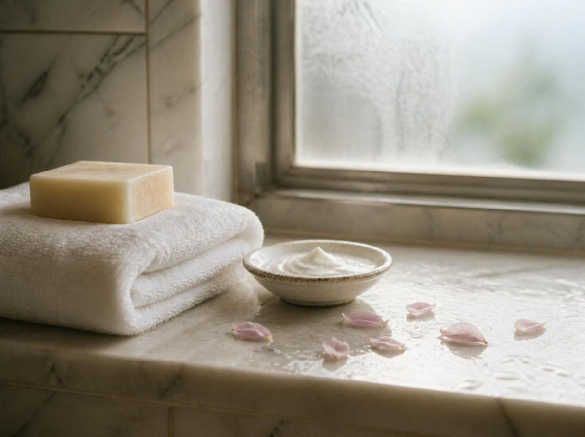 Soap, towel and body cream on a marble bathroom ledge, for the article: Body Care for Dry Indian Skin: What Actually Works
