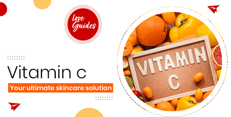 Vitamin C skincare guide with oranges, yellow bell peppers, and a sign reading 'Vitamin C'.