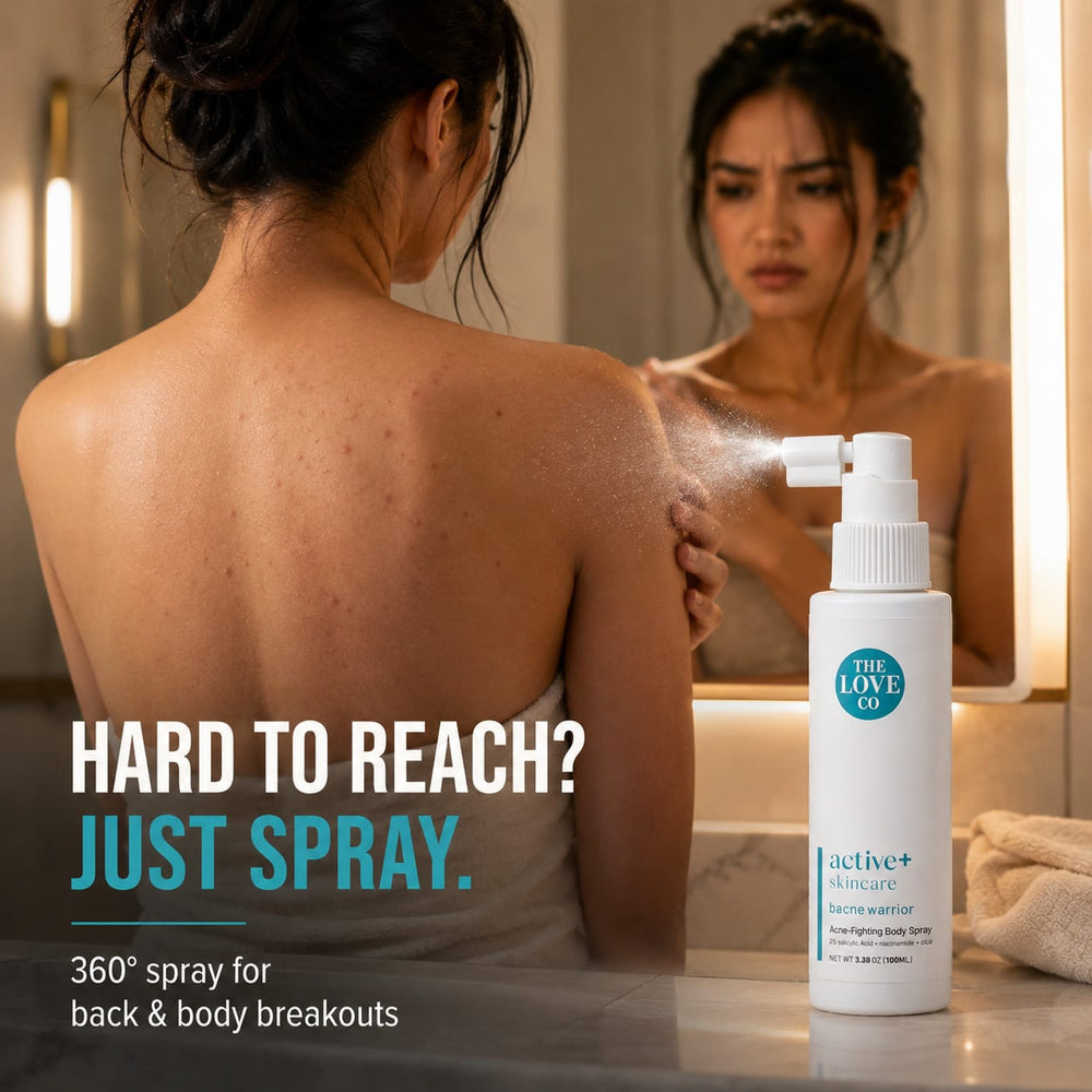 Spraying Bacne Warrior across hard-to-reach body acne on the back