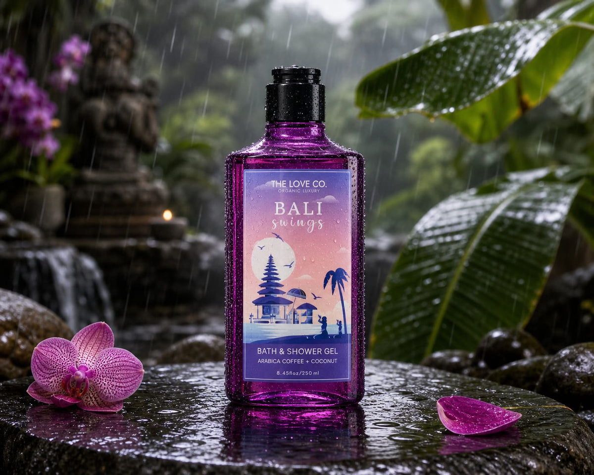 Bali Swings Body Wash bottle among coffee beans and coconut husks in tropical light