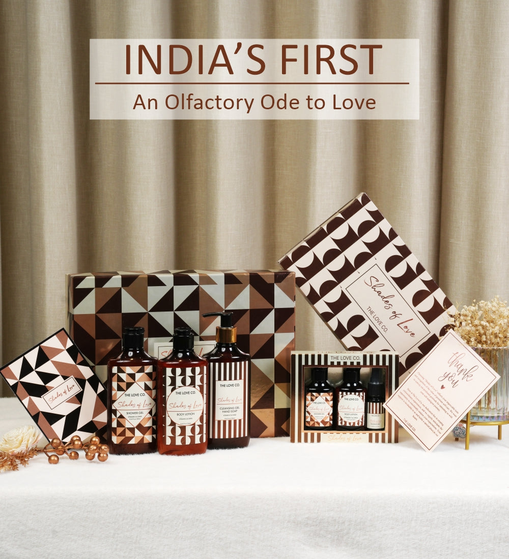 "Array of The Love Co. Shades of Love products with text 'India's First An Olfactory Ode to Love' on a neutral backdrop.
