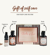 Infographic of The Love Co. Shades of Love daily body care routine featuring Shower Gel, Body Lotion, and Fragrance Mist.