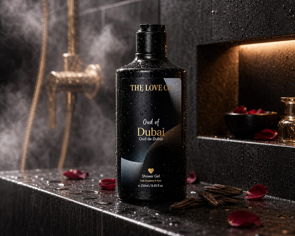 Oud of Dubai Body Wash bottle among oud wood and gardenia in warm evening light