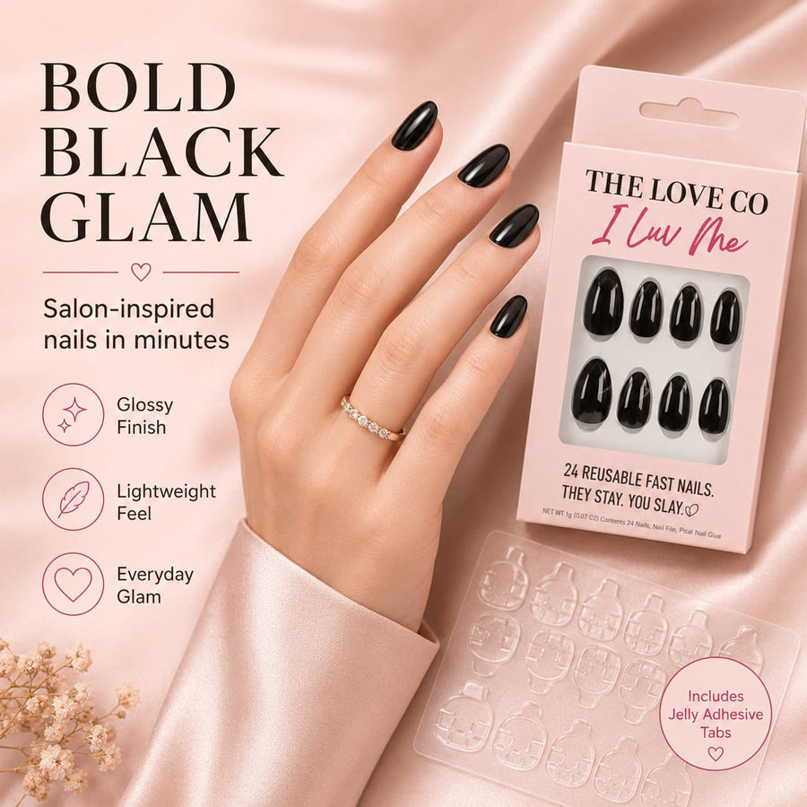 Classic Black Almond Press-On Nails — Reusable, No-Glue – view 5 | The Love Co