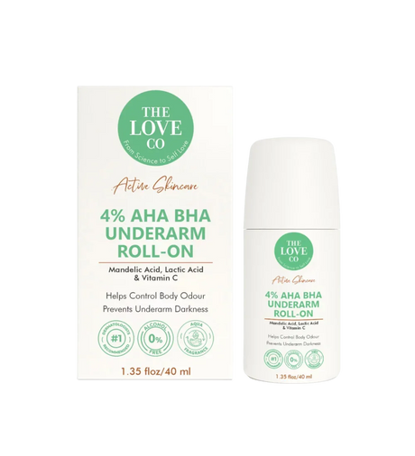 The Love Co 4% AHA BHA underarm roll-on bottle and box for odor control and skin brightening