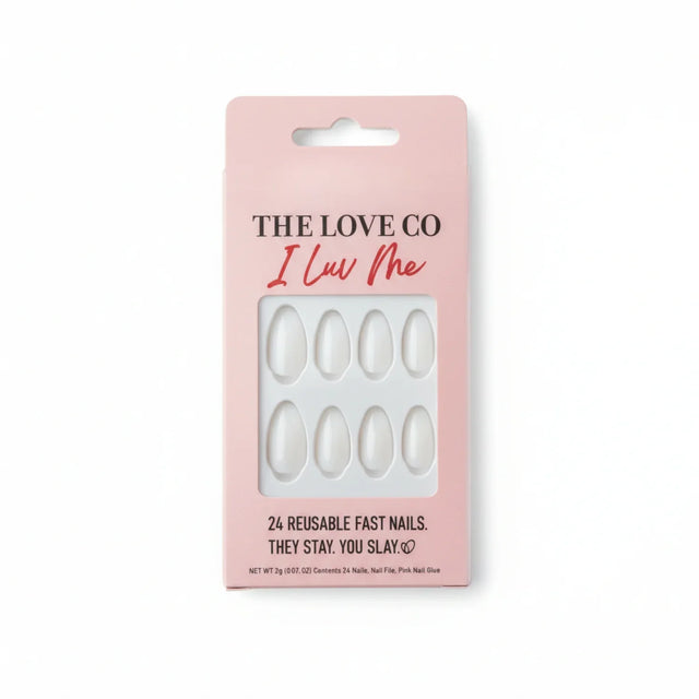 The Love Co I Luv Me pink packaging with white reusable press on nails