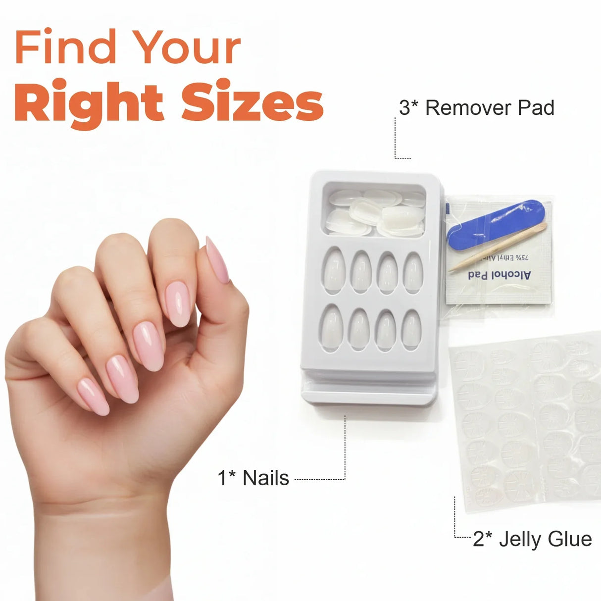 Hand with pink press-on nails, nail kit with remover pads, jelly glue, and nail sizes