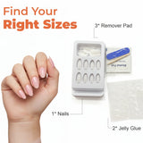 Hand with pink press-on nails, nail kit with remover pads, jelly glue, and nail sizes