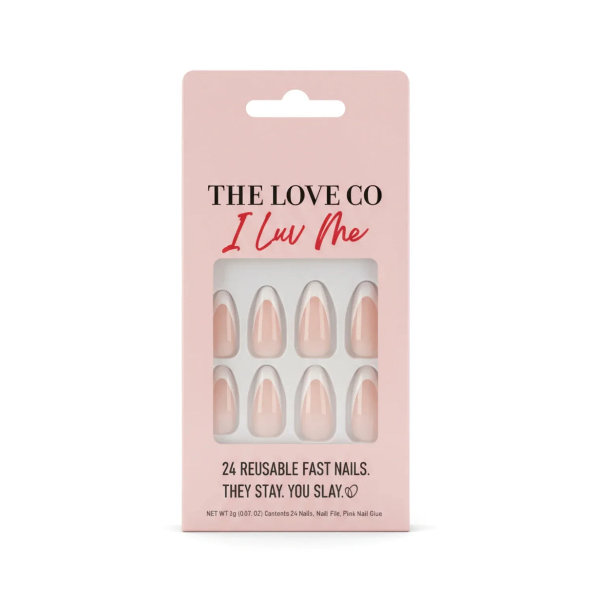 The Love Co I Luv Me pink press-on nails in reusable packaging, 24 fast nails set.