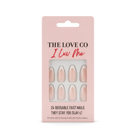 The Love Co I Luv Me pink press-on nails in reusable packaging, 24 fast nails set.