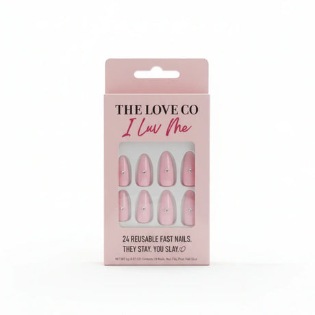 The Love Co I Luv Me pink reusable press on nails with rhinestone accents in box