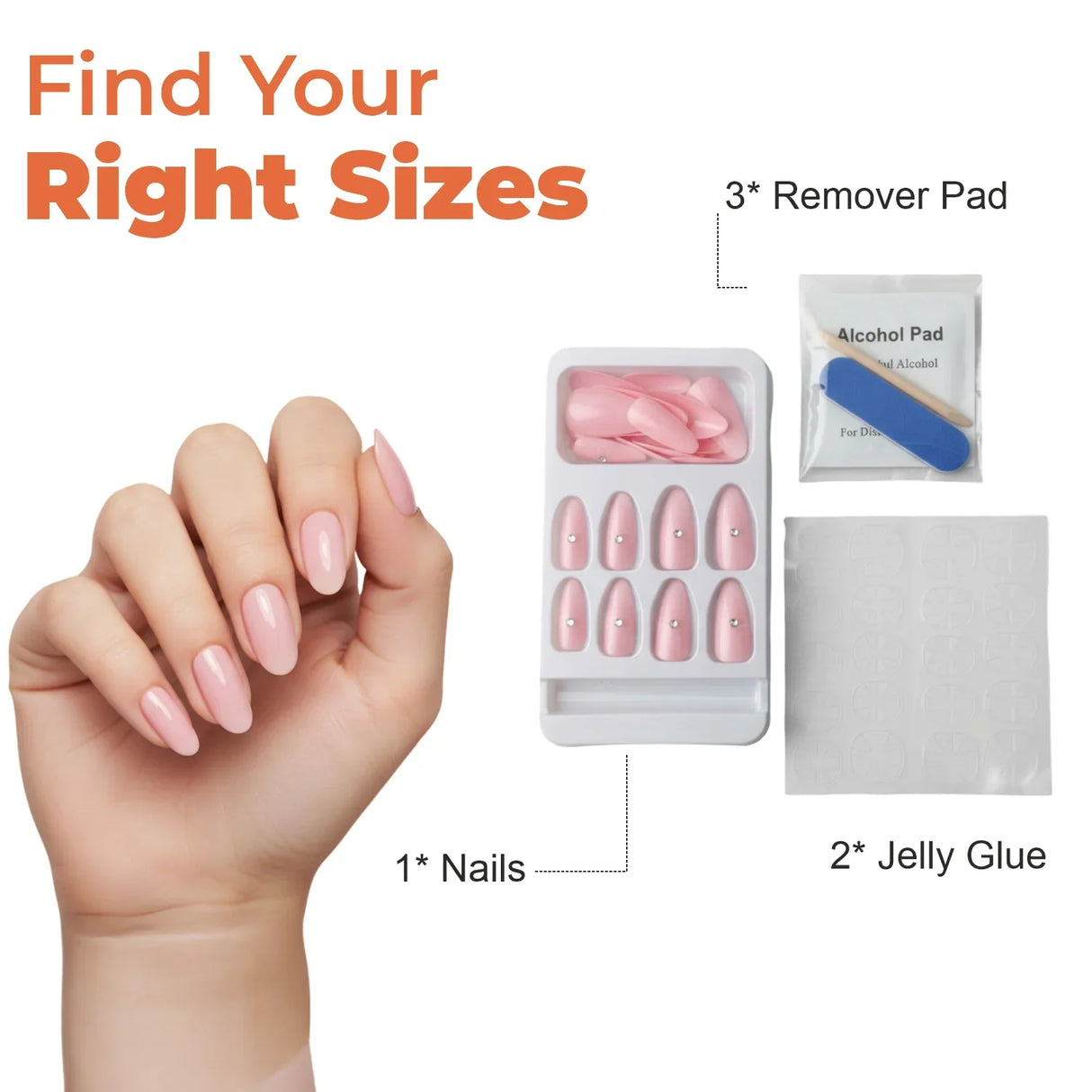 Hand with pink press on nails kit, remover pads, jelly glue, and nail sizes selection guide.