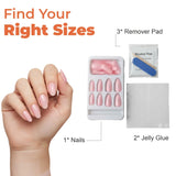 Hand with pink press on nails kit, remover pads, jelly glue, and nail sizes selection guide.