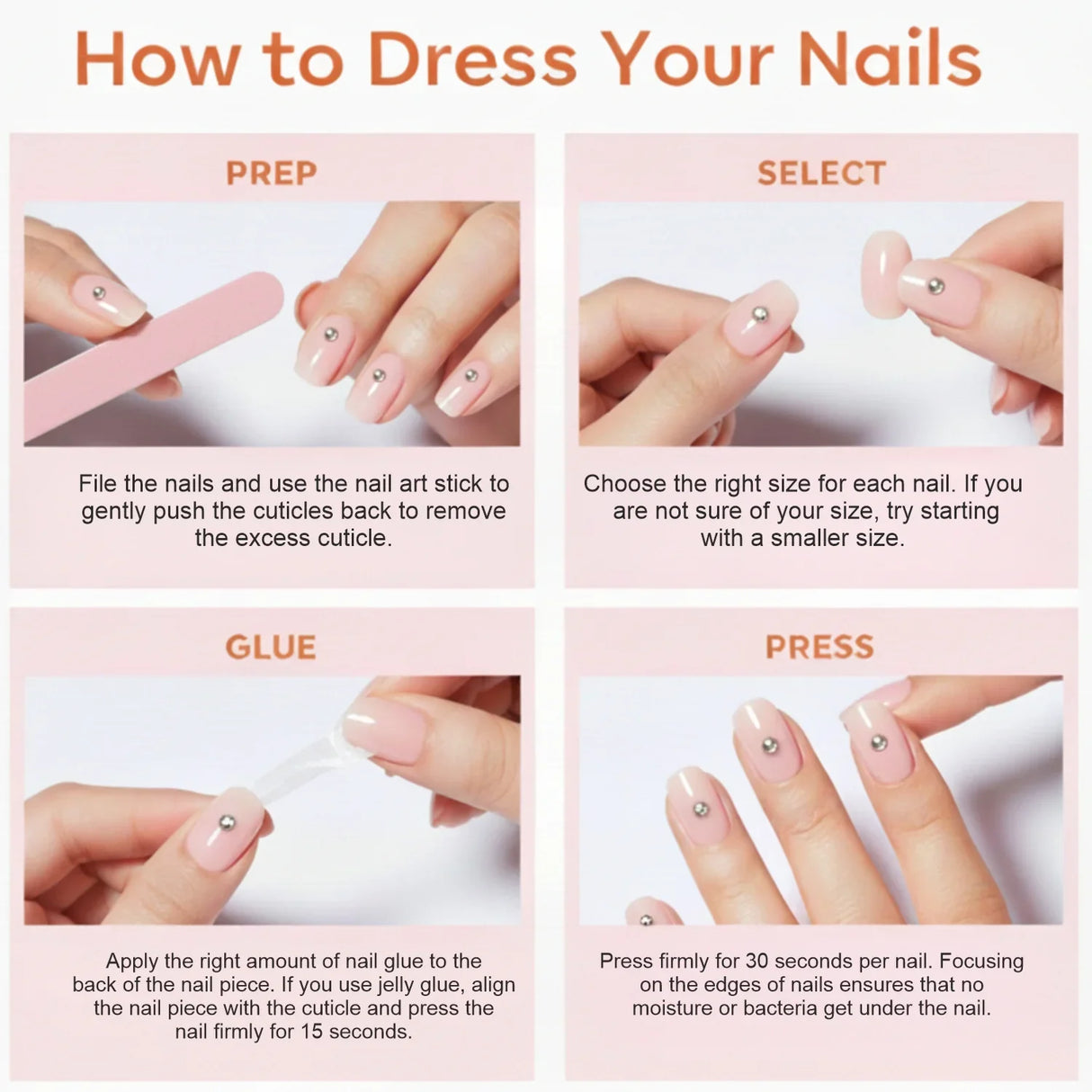 Step-by-step guide for applying pink press-on nails with rhinestone accents.