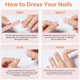 Step-by-step guide for applying pink press-on nails with rhinestone accents.