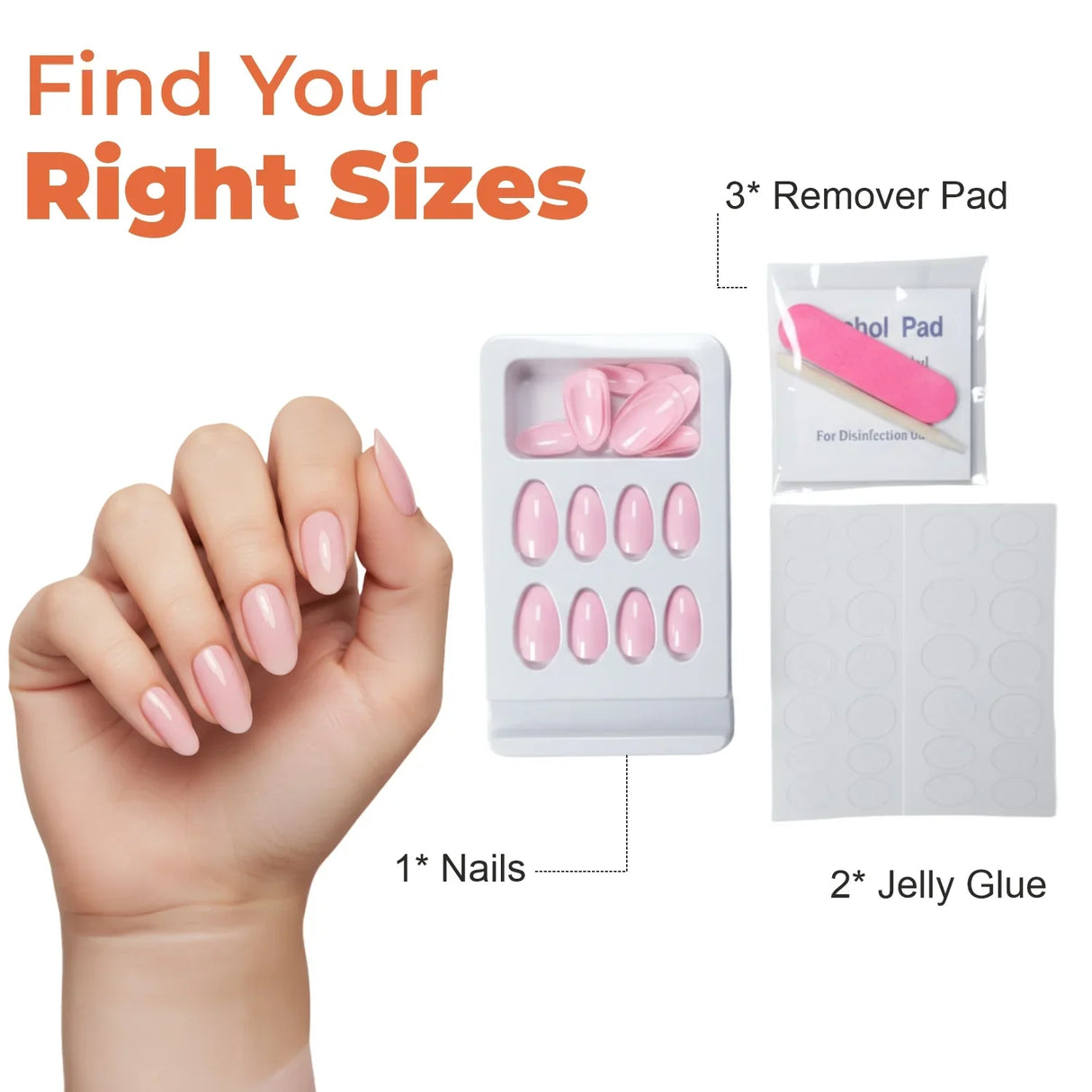 Hand with pink press on nails, nail kit with glue tabs, nail file, and remover pad.