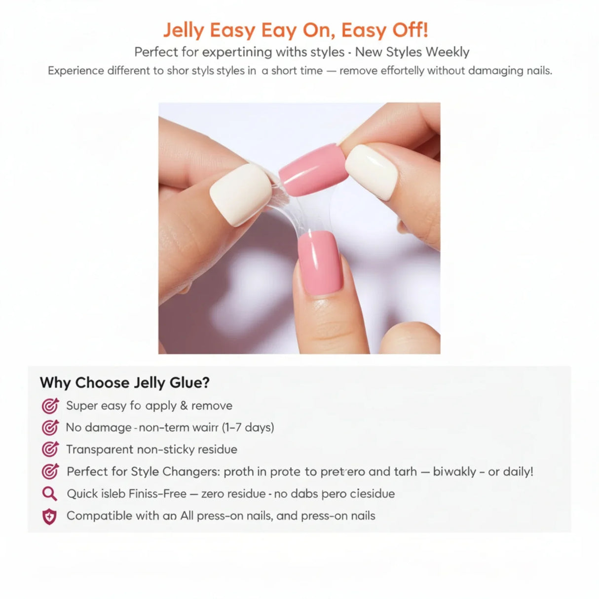 Hands peeling off clear jelly glue from pink and ivory press-on nails for easy nail removal